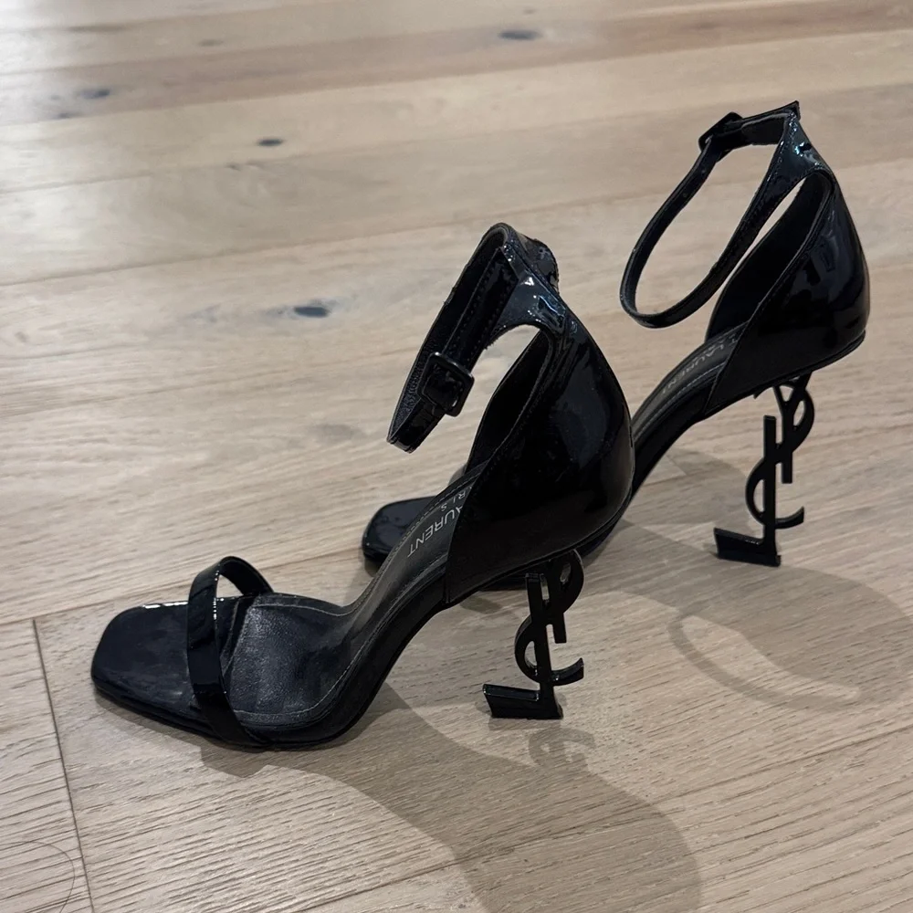 Saint Laurent Black Patent YSL Sculptural-Heel Sandals - Picture 5 of 8